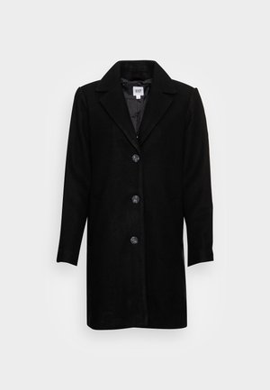 Cappotto di lana nera con colletto a scollo, cinque bottoni sul davanti e due tasche laterali. Tessuto liscio e vestibilità su misura.