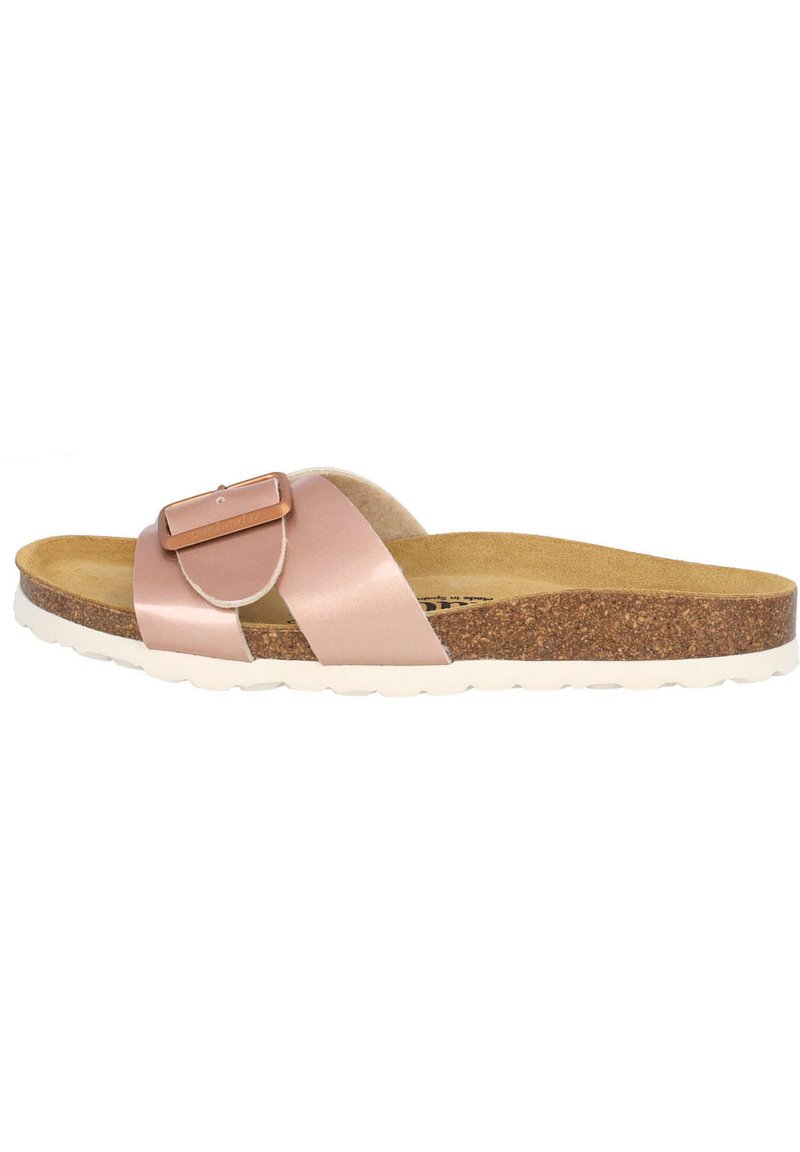 Rosa satin sandal med bred rem och dekorativ spänne; formad korkfotbädd och lättvit sula.