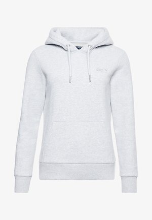Hellgrauer Hoodie aus weichem Stoff. Verfügt über eine Fronttasche, verstellbare Kordeln und ein kleines gesticktes Logo auf der Brust.