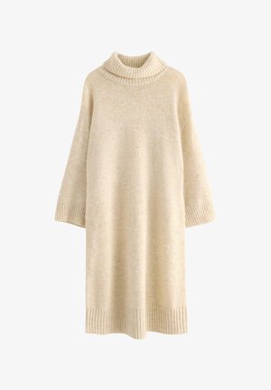 Abito maglione color crema con collo alto a costine, vestibilità ampia, maniche a tre quarti e dettaglio orlo a costine. Tessuto morbido.