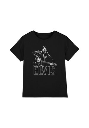 Schwarzes T-Shirt mit Grafik eines Mannes, der Gitarre spielt und in ein Mikrofon singt, darunter der Text "ELVIS".