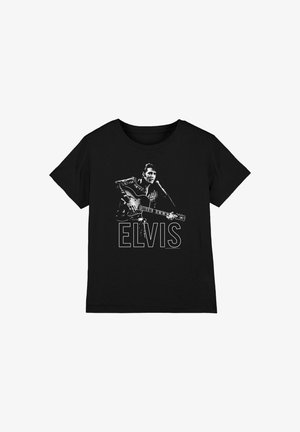 Schwarzes T-Shirt mit Grafik eines Mannes, der Gitarre spielt und in ein Mikrofon singt, darunter der Text "ELVIS".