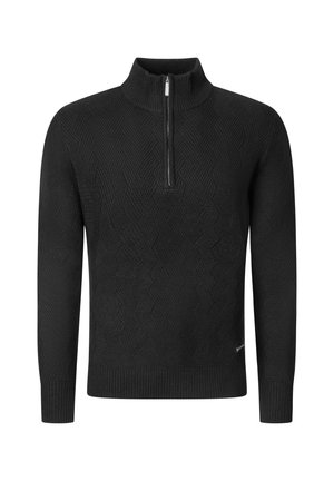 Pull en maille noire à manches longues avec fermeture éclair au quart, col, poignets et ourlet côtelés, avec une texture subtilement à motif.