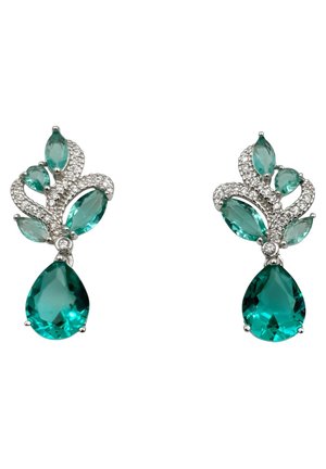 Des boucles d'oreilles en forme de goutte, ornées de pierres teal vives en différentes formes, montées en argent avec des détails élaborés et des accents scintillants.