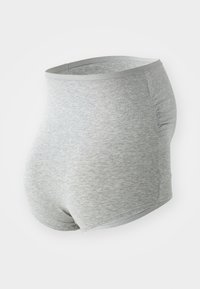 Graue hoch geschnittene Slips aus einem weichen Baumwoll-Mix, mit einer glatten Textur und einem hellgrauen elastischen Bund. Einfaches Design, ohne Muster.