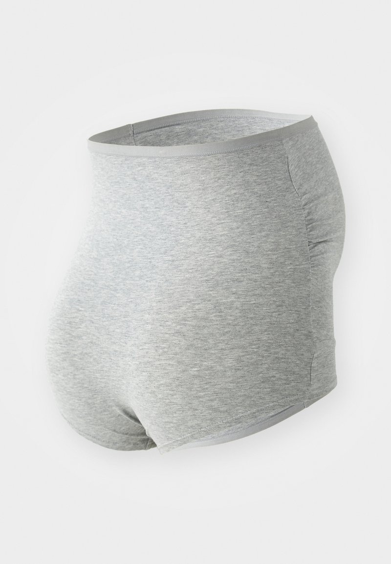 Graue hoch geschnittene Slips aus einem weichen Baumwoll-Mix, mit einer glatten Textur und einem hellgrauen elastischen Bund. Einfaches Design, ohne Muster.