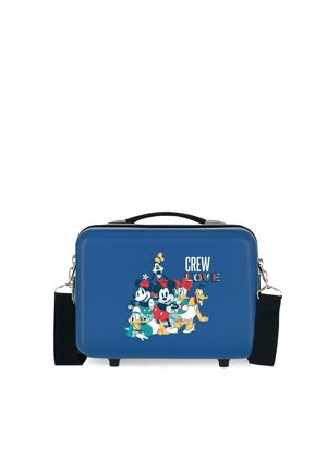 Bolsa rectangular azul con asa y correa negra, con personajes coloridos de Disney y el texto "CREW LOVE" en el frente.