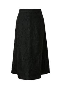 Jupe noire à texture florale avec une coupe droite et une longueur sous le genou. Elle présente une ceinture unie et aucun système de fermeture visible.