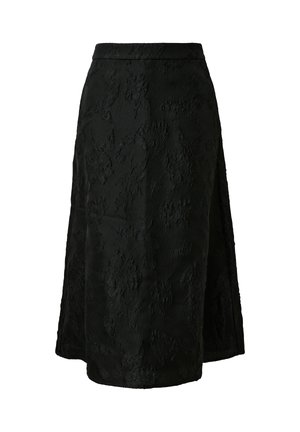 Czarna spódnica o fakturze kwiatowej, o prostym kroju i długości za kolano. Posiada gładki pas oraz brak widocznych zapięć.