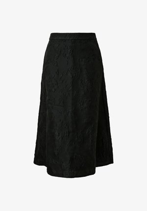 Schwarzer Rock mit Blumenmuster, geradem Schnitt und knielanger Länge. Verfügt über einen schlichten Bund und keine sichtbaren Verschlüsse.