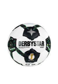 Pallone da calcio bianco e nero con accenti verdi, caratterizzato da un motivo a stella, logo e testo. Superficie liscia e design tradizionale.