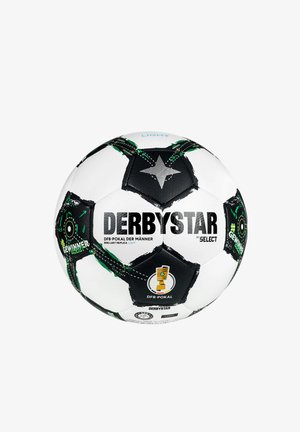 Pallone da calcio bianco e nero con accenti verdi, caratterizzato da un motivo a stella, logo e testo. Superficie liscia e design tradizionale.