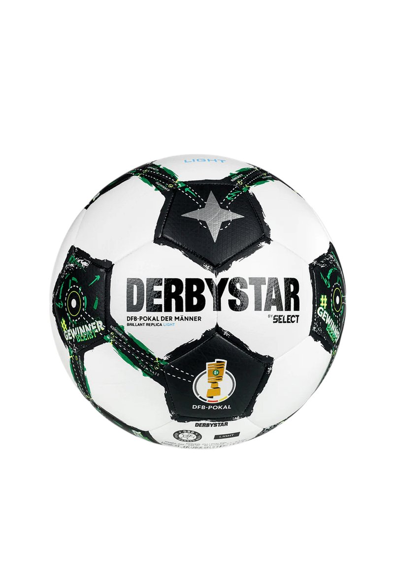 Pallone da calcio bianco e nero con accenti verdi, caratterizzato da un motivo a stella, logo e testo. Superficie liscia e design tradizionale.