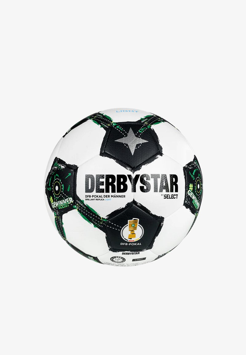 Pallone da calcio bianco e nero con accenti verdi, caratterizzato da un motivo a stella, logo e testo. Superficie liscia e design tradizionale.
