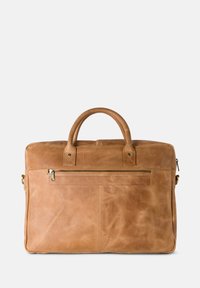 Tan leather laptop bag with dual top handles, a zipper pocket on the back, and a smooth texture. Features minimal stitching and sturdy accents.