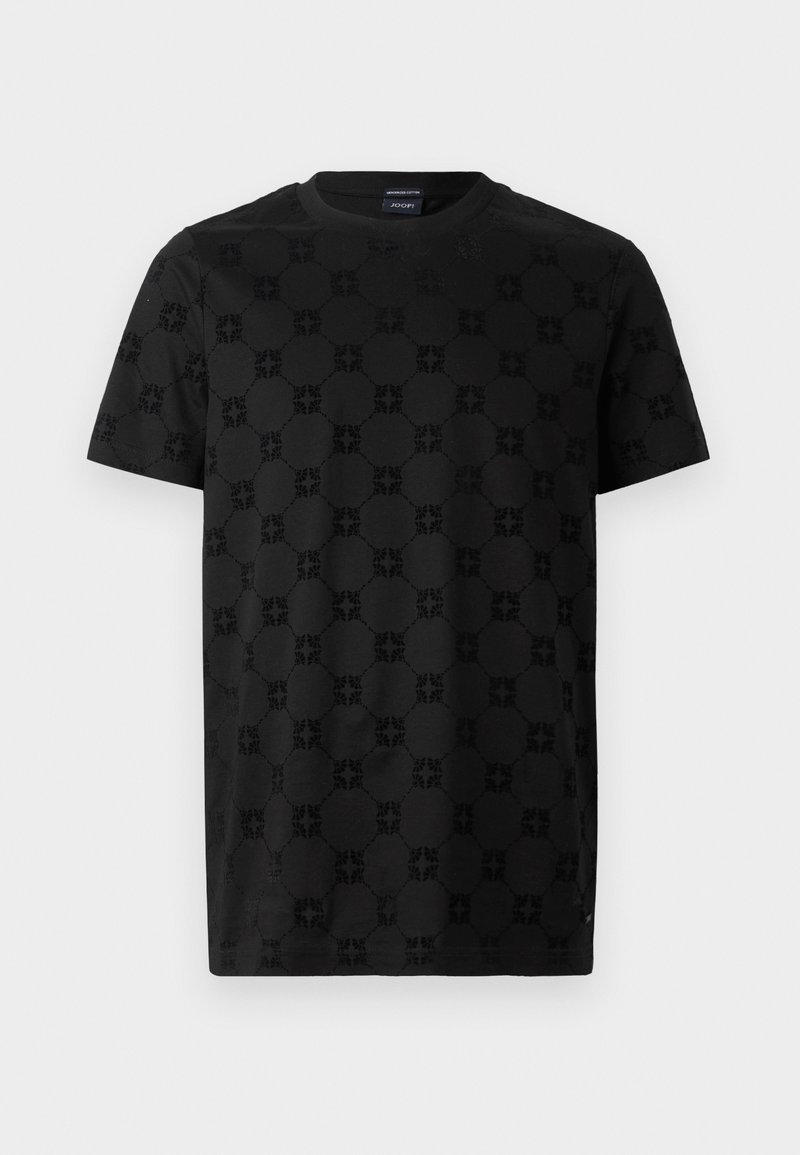 Schwarzes T-Shirt mit einem strukturierten Muster aus Kreisen und floralen Formen, kurzen Ärmeln und rundem Halsausschnitt. Aus weichem Baumwollmaterial gefertigt.