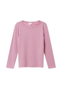 Maglietta a maniche lunghe color rosa chiaro, con un motivo a coste, collo rotondo e un piccolo fiocco decorativo al centro del colletto.