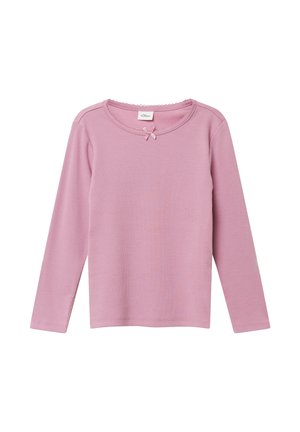 Maglietta a maniche lunghe color rosa chiaro, con un motivo a coste, collo rotondo e un piccolo fiocco decorativo al centro del colletto.