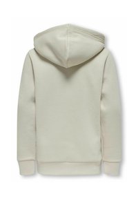 Blød beige hættetrøje med lange ærmer og ribkanter ved ærmer og kant, vist bagfra på hvid baggrund.
