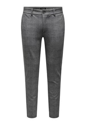 Pantalons gris à carreaux avec une coupe slim, dotés d'une fermeture à bouton, de passants de ceinture et d'une texture lisse. Motif à carreaux distinctif sur toute la surface.