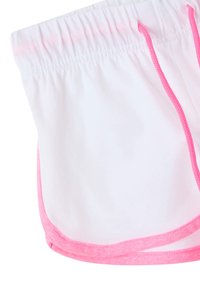 Pantaloni corti bianchi con vita arricciata, caratterizzati da lacci rosa e rifiniture lungo le gambe. Realizzati in tessuto leggero con una consistenza liscia.