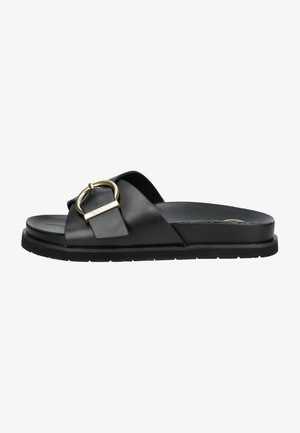 Schwarze Leder-Slidesandalen mit einem breiten Riemen, goldfarbener Hardware-Verzierung und einem strukturierten Sohlen-Design.