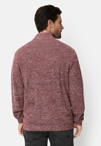 Bordeauxrode gebreide trui met een hoge kraag, gestructureerde stof, lange mouwen en geribbelde manchetten. Achteraanzicht toont een losse pasvorm zonder zichtbare logo's.