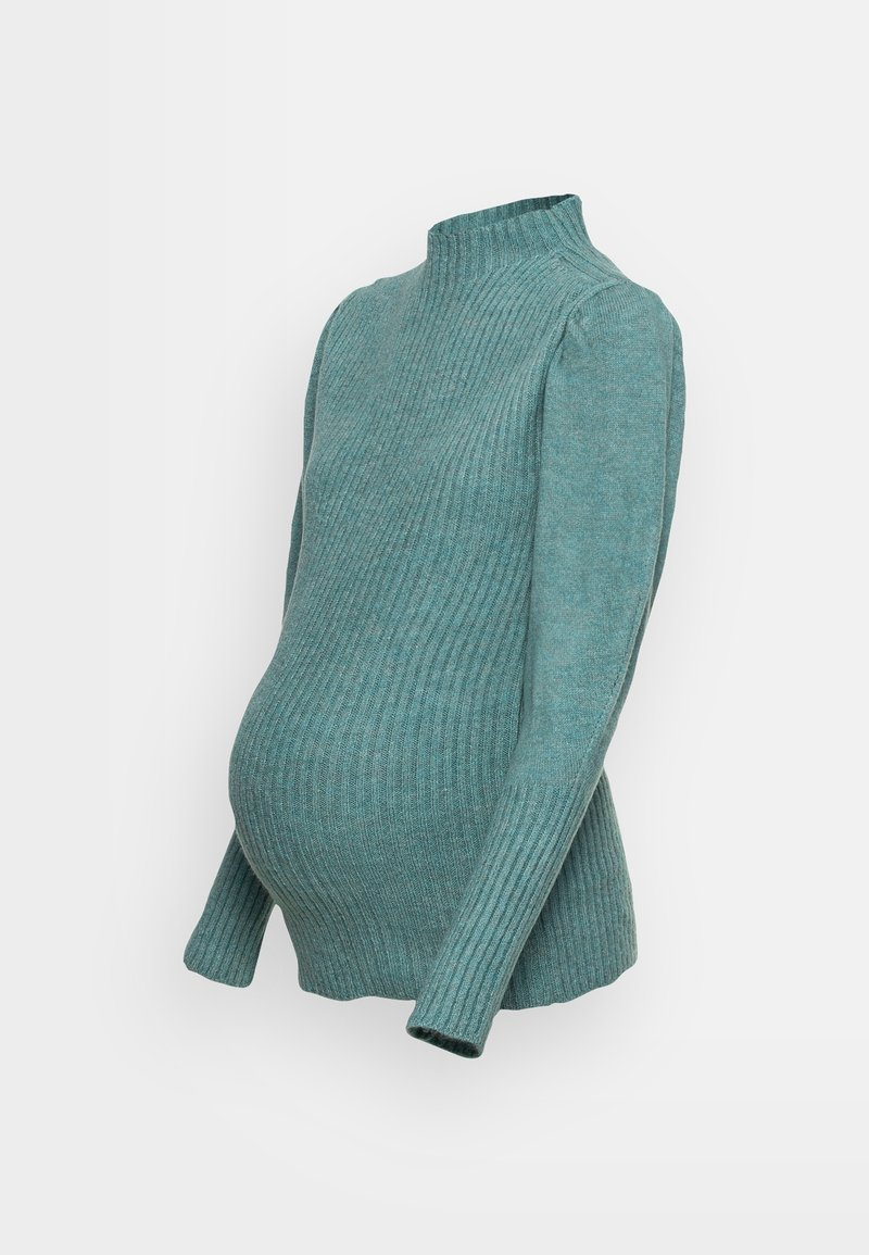 Pull de maternité côtelé couleur sarcelle avec manches longues et col montant, conçu pour s'adapter et accommoder un ventre de femme enceinte.