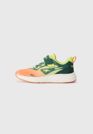 Children's sneakers with a mix of orange, green, and yellow mesh. Features a velcro strap, rubber sole, and kangaroo logo on the side.
