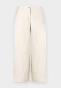 Pantalons beige à jambes larges avec une fermeture à bouton, fabriqués en tissu léger. Présentent une texture lisse et des ourlets cousus.