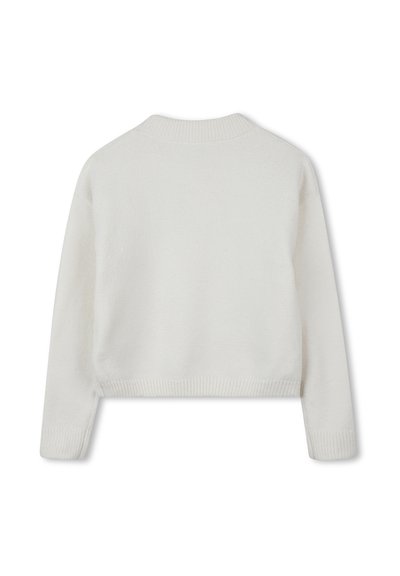 Witte, cropped trui met lange mouwen, voorzien van een geribbelde kraag en manchetten, een soepele textuur en minimale details aan de achterkant.