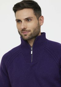 Pull en tricot violet avec un col montant et une fermeture éclair mi-hauteur. Présente des détails côtelés et un tissu texturé. Design décontracté.