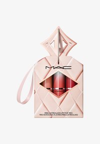 MAC Mini Lustreglass Lipstick Trio in een roze diamantpatroon doos met een lint, met drie gradatie-kleur lipstick tubes erin.