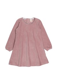 Rosa Corduroykleid mit langen Ärmeln, rundem Ausschnitt und tailliertem Schnitt, aus strukturiertem Stoff mit einer Knopföffnung auf der Rückseite.