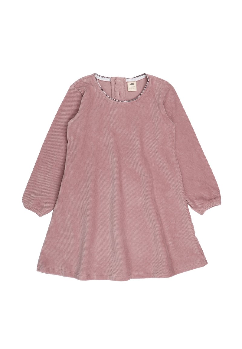 Rosa Corduroykleid mit langen Ärmeln, rundem Ausschnitt und tailliertem Schnitt, aus strukturiertem Stoff mit einer Knopföffnung auf der Rückseite.