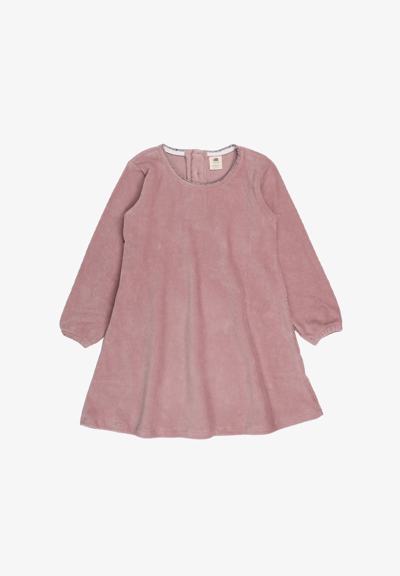 Rosa Corduroykleid mit langen Ärmeln, rundem Ausschnitt und tailliertem Schnitt, aus strukturiertem Stoff mit einer Knopföffnung auf der Rückseite.