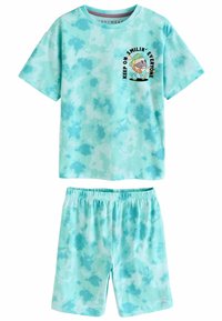 Lehké pyžamo s tyrkysovým tie-dye vzorem. Tričko má kulatý výstřih a grafiku s nápisem "NEPŘESTÁVEJTE SE USMÍVAT, VŠICHNI."