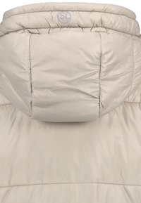 Doudoune beige clair avec un col montant, dotée d'un tissu lisse et brillant ainsi que de coutures décoratives près des coutures et de la capuche.