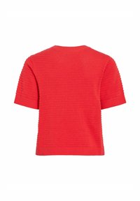 Red short-sleeve knit sweater with textured horizontal patterns and ribbed cuffs, collar, and hem shown from the back.