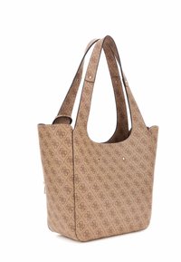 Borsa a tracolla marrone con motivo, dalla texture liscia, con parte superiore arrotondata, doppie maniglie e sottili riflessi metallici. Presenta un ampio interno.