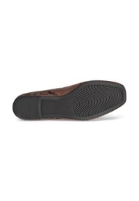 Brown textured leather shoe with a patterned upper, rubber sole, and a curved, ergonomic design for comfort. Ecco branding visible.