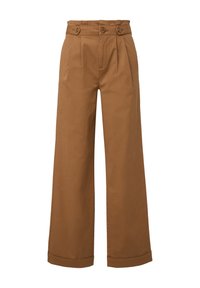 Lange broek in een warme bruintint, gemaakt van katoen. Heeft plooien, een hoge tailleband met twee knopen en opgerolde manchetten.