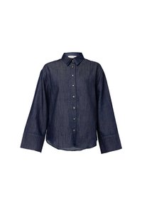 Camicia abbottonata blu scuro realizzata in tessuto texturizzato, caratterizzata da un colletto a punta, maniche lunghe e cinque bottoni frontali con orlo curvo.