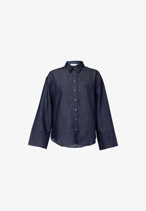 Dark blue button-up shirt made of textured fabric, featuring a pointed collar, long sleeves, and five front buttons with a curved hem.