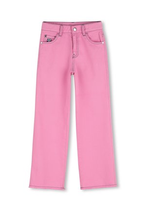 Roze jeans met rechte pijpen, rafelige zoom, knopen aan de voorkant en ritssluiting, en een ontwerp met vijf zakken inclusief een klein muntzakje met een logopatch.