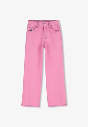 Różowe proste dżinsy z postrzępionymi brzegami, z przodu zapinane na guziki i suwak, z pięcioma kieszeniami, w tym małą kieszonką na monety z logo.