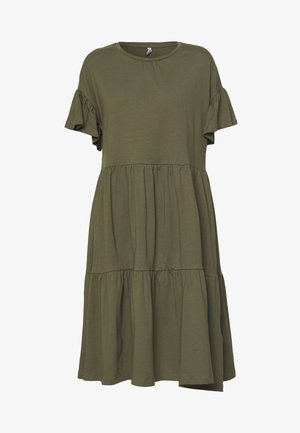 Vestito midi a balze verde oliva con maniche corte arricciate e scollo rotondo, realizzato in tessuto morbido e leggero.