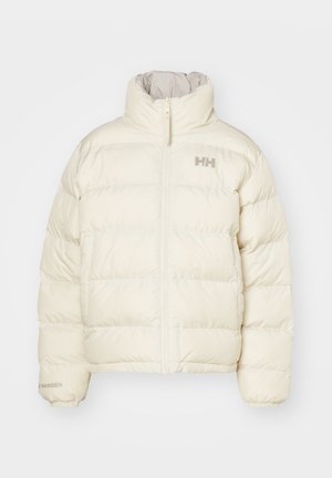 Krémová péřová bunda s vertikálním prošíváním, vysokým límcem a předním zipem. Na prsou se nachází minimalistické logo.