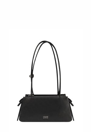 Borsa rettangolare nera con doppi sottili spallacci, chiusura con zip, lacci laterali e piccolo logo argento "Coveri active" sul davanti.