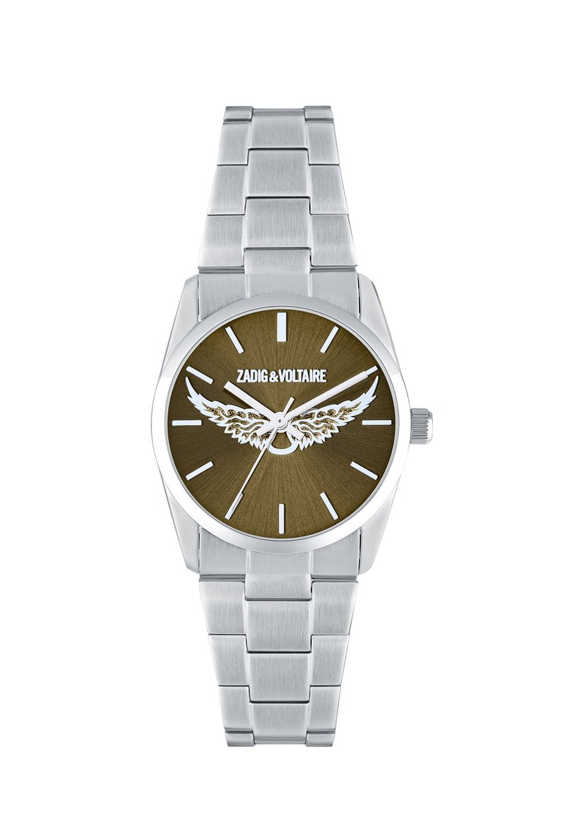 Srebrny metalowy zegarek na nadgarstek z brązową tarczą, białymi znacznikami godzin, wzorem w kształcie skrzydeł i logo "ZADIG & VOLTAIRE" na środku.
